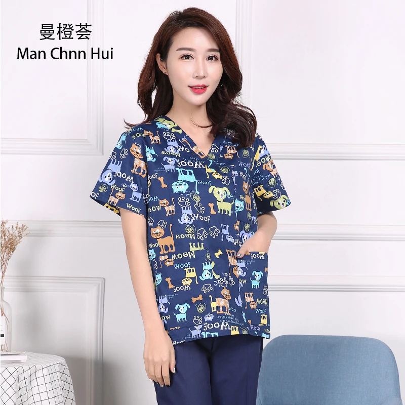 Ветеринарная униформа топы для женщин топ врачей скрабы синие цветы принт собаки