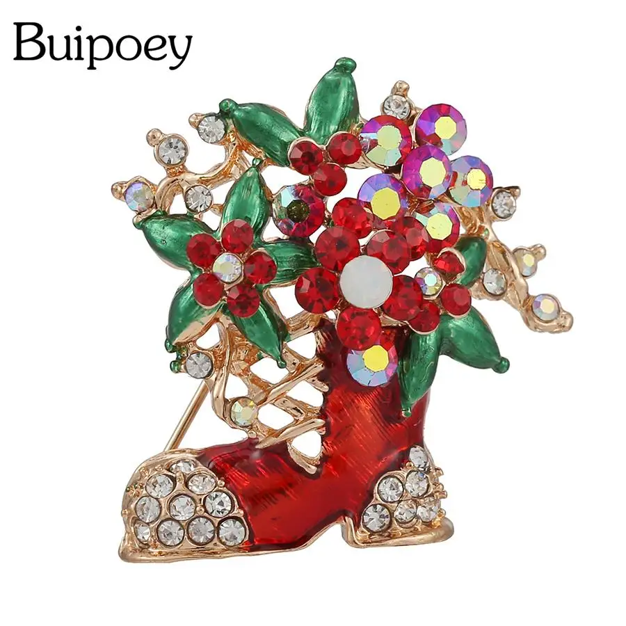 

Buipoey 2021 Christmas Red Boots Star Of Bethlehem Flower Basket Brooches For Women Enamel Gold Boutonniere Xmas Decoration