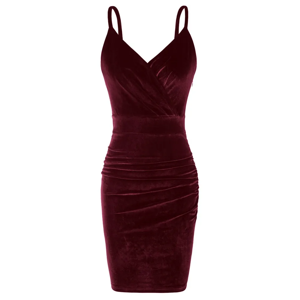 

Curlbiuty Women Velvet Mini Dress Spaghetti Straps V-Neck U-Back Bodycon Dress Hidden Zipper In The Left Side Velvet V-neck Slin