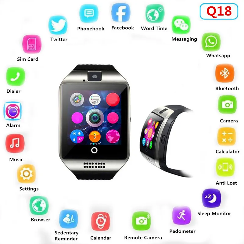 Умные часы Q18 с sim картой TF слот Push Message Bluetooth Play MP3 музыка подключение Android телефон