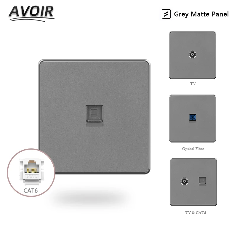 Avoir Wall RJ45 Socket Computer TV Socket Gray Matte Plastic Panel 86mm * 86mm Cable Network Interface Outlet Jack Socketes