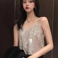 2022 summer shiny spagetti strap tank top silver metal mesh halter metallic strap crop tops vest party clubwear outfits