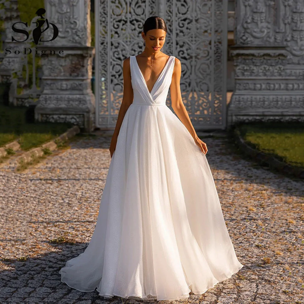

SoDigne Glitter Shiny Wedding Dresses Sexy Backless V-neck Princess Bridal Dress Plus Size Elegant Women Wedding Party Gowns