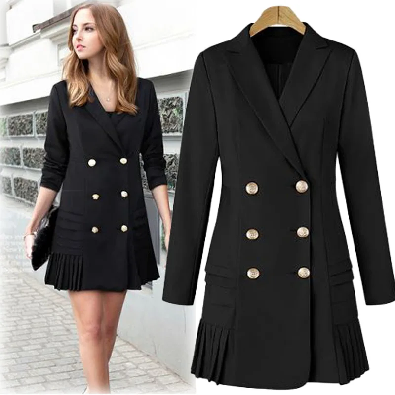 

Stylish Slim Lapel Long Sleeve Double Breasted Pleated Long Suit Coat