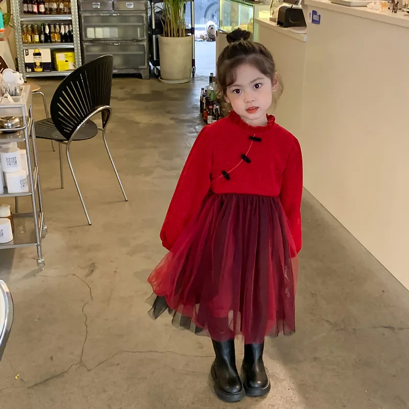 

Новинка 2021, зимняя детская одежда, кашемировое платье для девочек с пряжкой, дизайнерское платье на Новый год 2-409