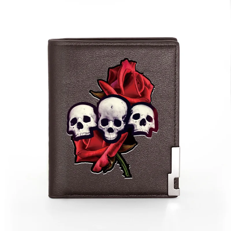 

New Fashion Rose 3 Skulls Printing Black Leather Wallet Men Women Bifold Credit Card Holder Short Purse Male