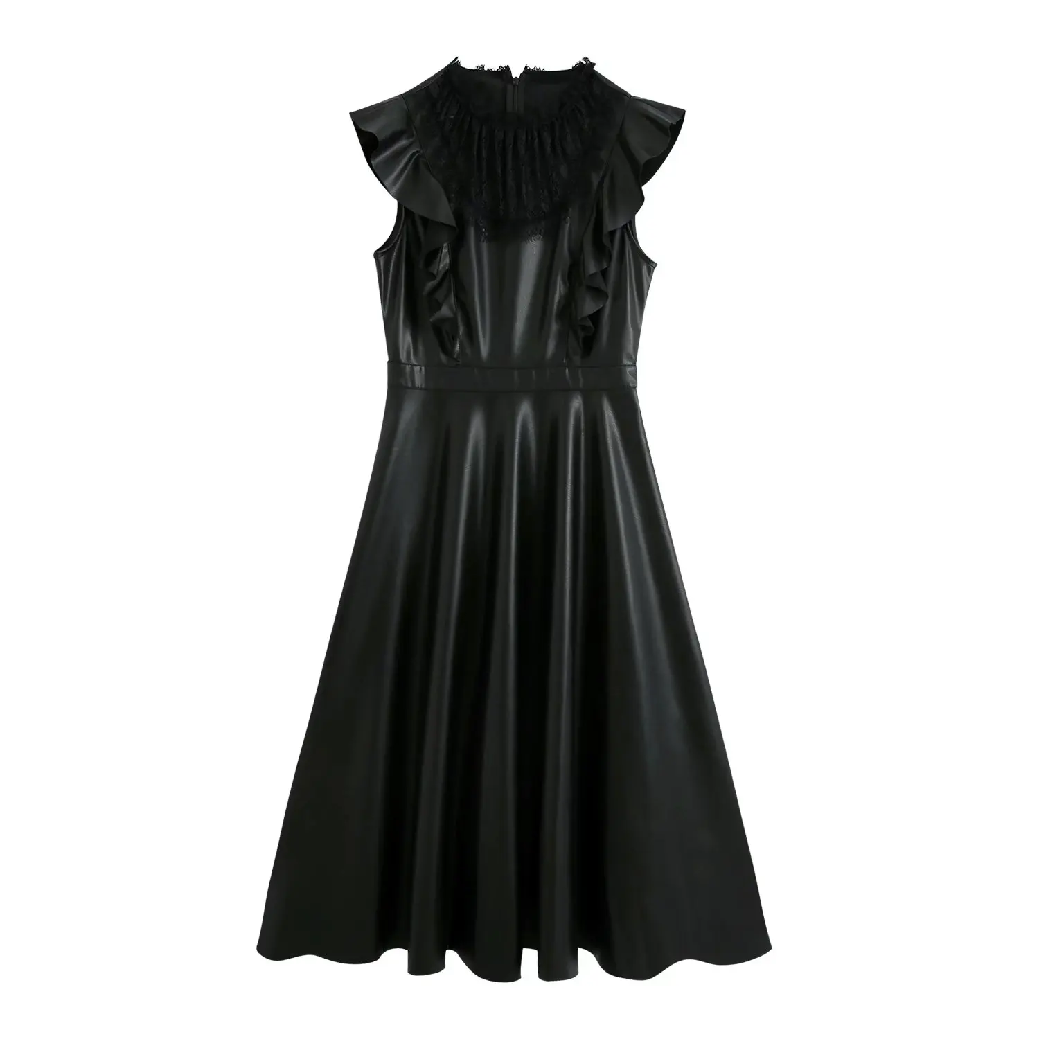 

Women Vintage Lace Patchwork Pleat Ruffles Casual Slim PU Leather Midi Dress Female Chic Back Zipper Vest Vestidos
