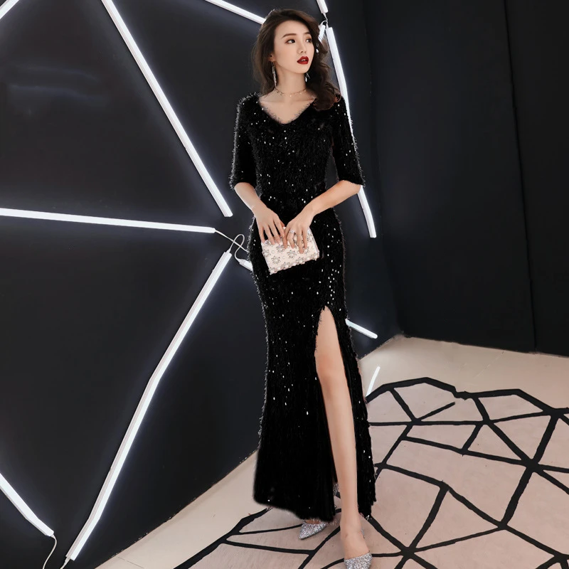 V neck 150cm Это YiiYa вечерние платья, вырез лодочкой, сексуальное расшитое блестками свадебное торжественное платье, с маленькой кисточкой, на молнии, длинные вечерние платья Русалка, E342 - Цвет: V neck 150cm
