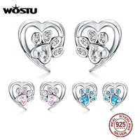 wostu 925 sterling silver paw dog footprint heart stud earrings for women stylish zircon lovely small earrings jewelry cqe654 wh