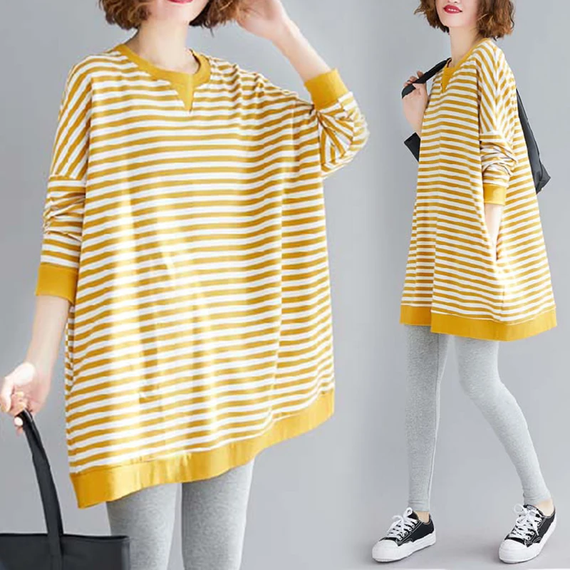 

Spring Autumn Art Women's Clothing Yellow White Striped Sweatshirts Fake Two-piece Bat Sleeve Pullover Shirt Top d1364