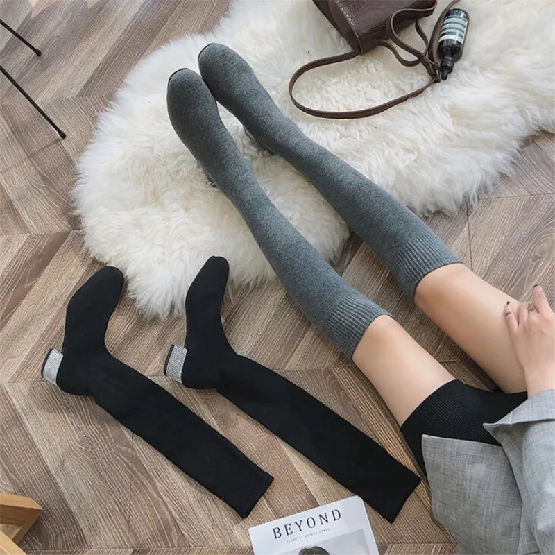 

New style women's boots fashion stretch fabric flying woven thick heel thin legs lightweight comfortable casual boots women