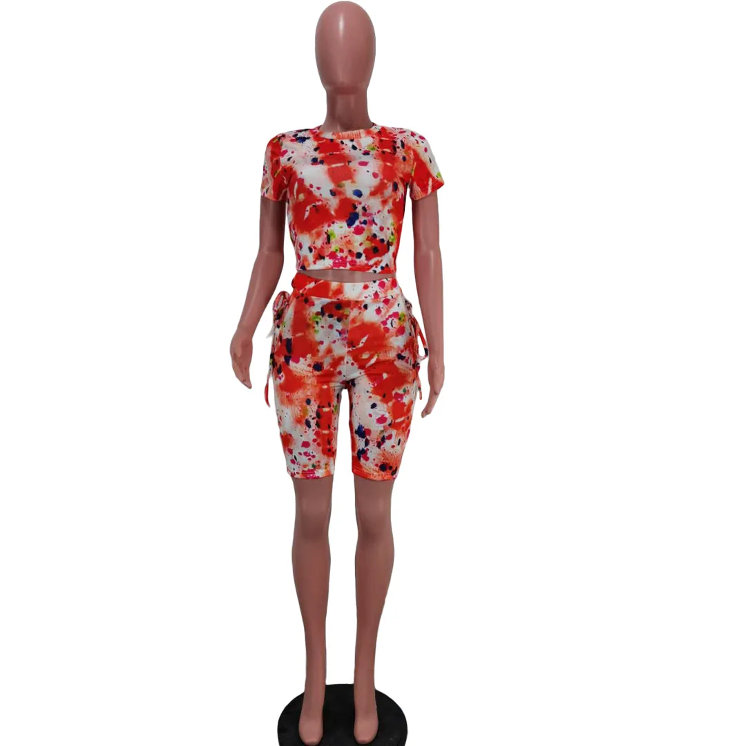 

Cutubly Short Sleeve Knitted Women Set Outfit Tie Dye Two Piece Set T-Shirt Lace Up Shorts Jogger Pants Set Casual Tracksuit