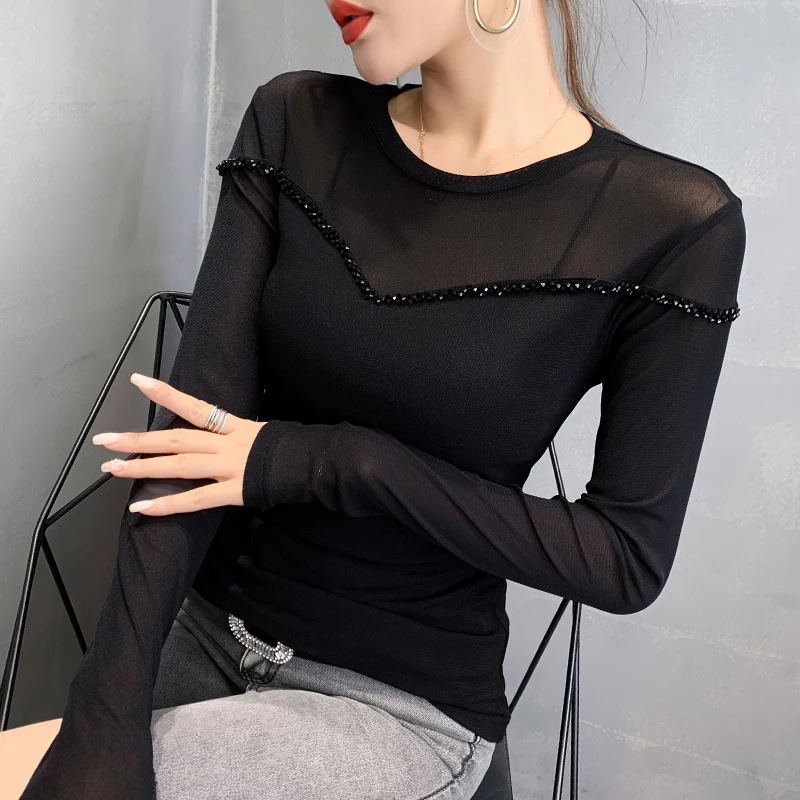 #5529 Black Grey Basic Mesh T Shirt Women O Neck Sexy Stretch See Through Tops Long Sleeve Sexy Slim Tight T Shirt For Girl Thin
