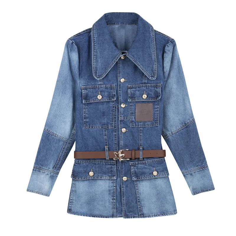 

2020 Autumn New England Style Turn-down Collar Splicing Denim Coat Single-breasted Temperament Women's Jacket K872