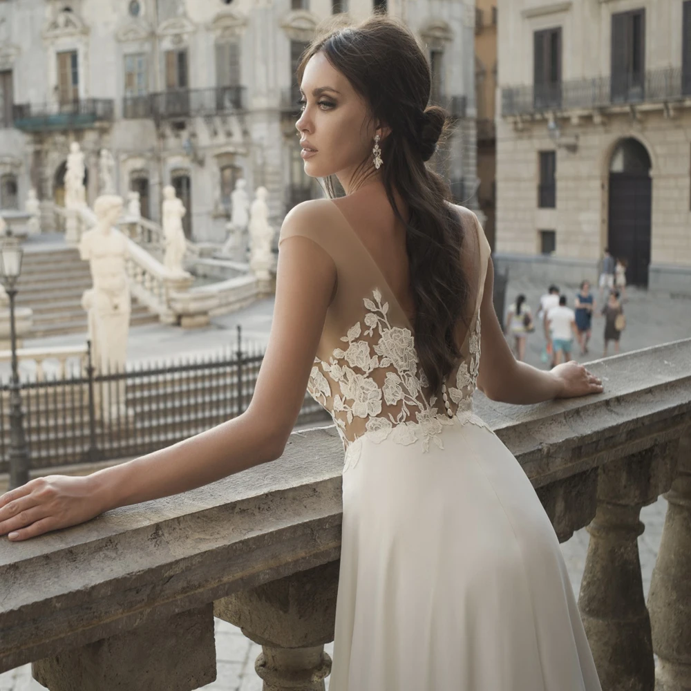 

Jiayigong Vestido De Noiva Wedding Dress Scoop Neck Sweep Train Sexy Illusion Applique Chiffon Beach Bride Dresses