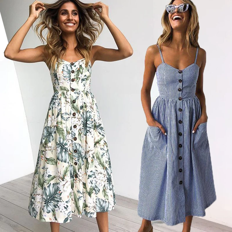 

Vintage Casual Sundress Female Beach Dress Midi Button Backless Polka Dot Striped Women Dress Summer 2021 Boho Sexy Floral Dress