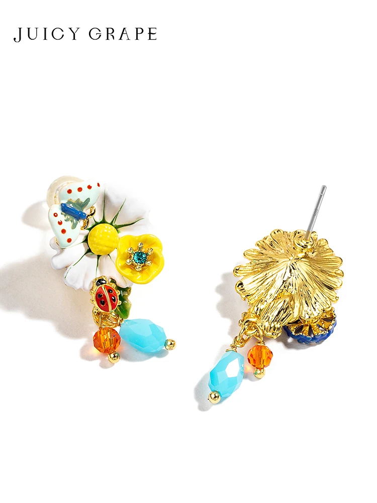 Женские серьги-гвоздики с эмалью серьги белыми маргаритками бабочками цветами и