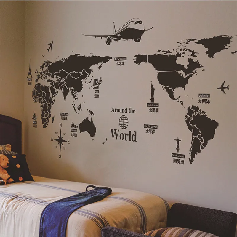 Большие размеры карта мира черные настенные наклейки домашний декор для детской