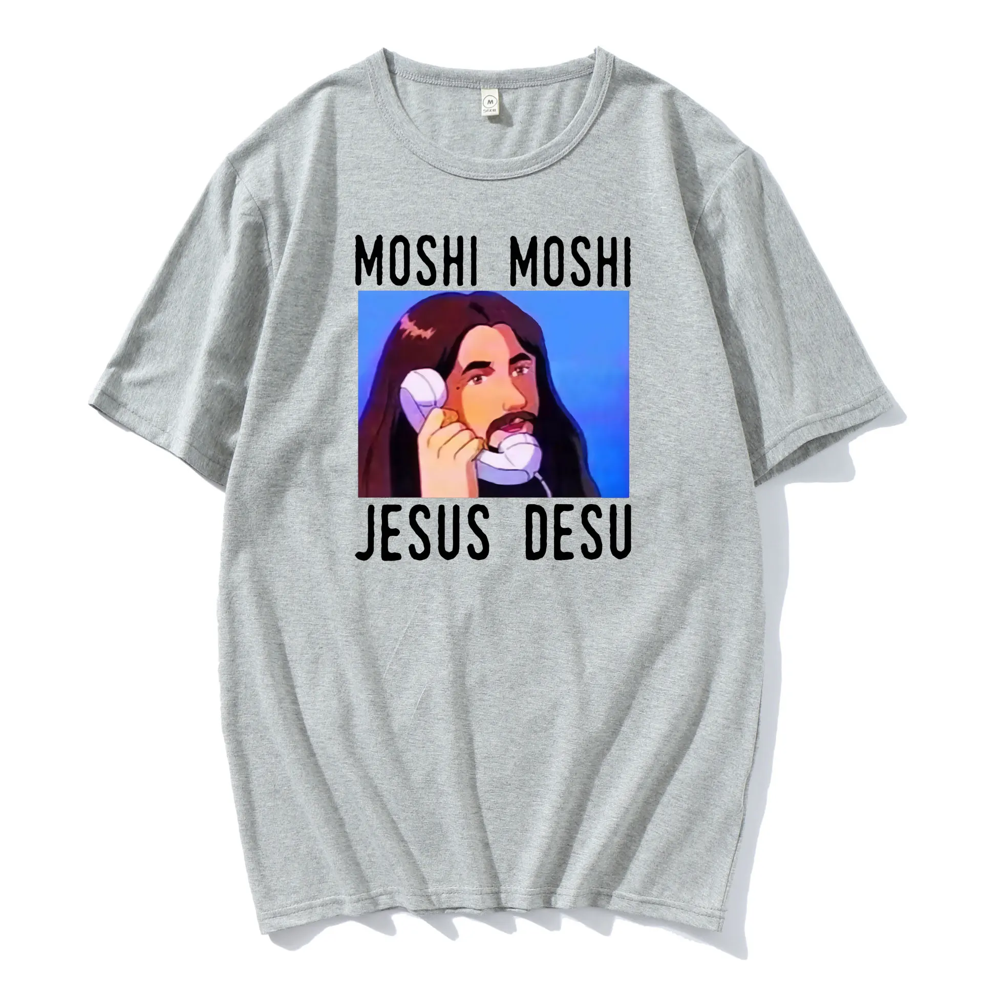 

Moshi Moshi Jesus Desu Funny Oversized T-shirt Men T Shirt Black Cotton Men Shirt Fashion T-shirt Men Cotton Harajuku Teeshirt