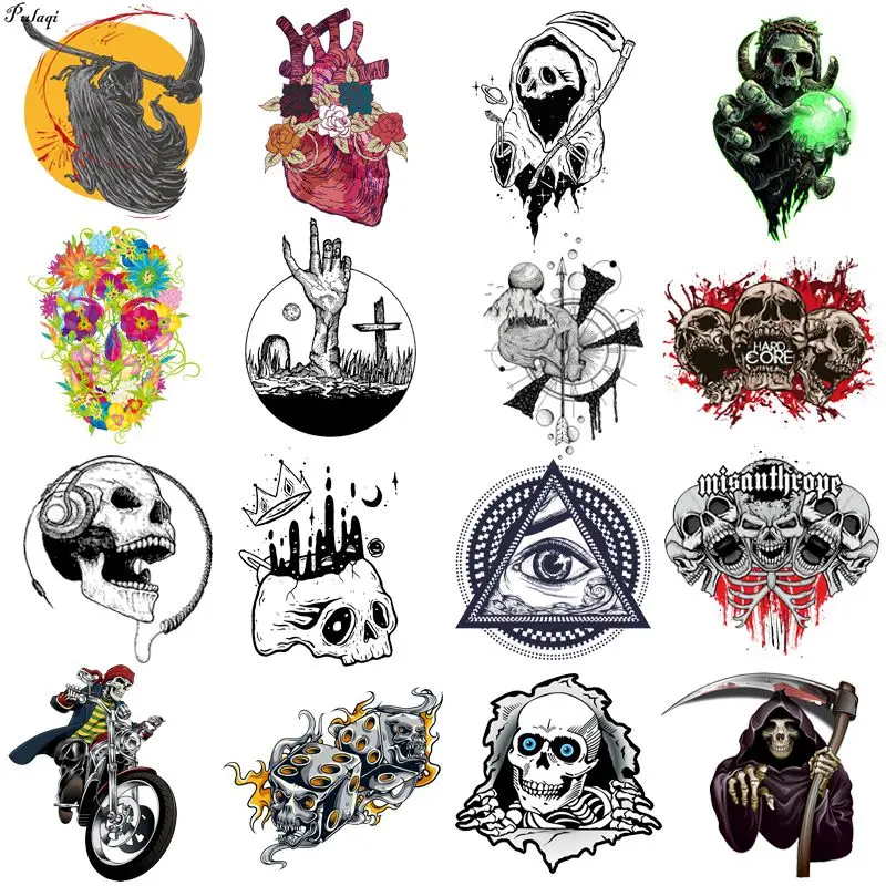 Термонаклейка в стиле панк с изображением сердца черепа на мотоцикле полосатые