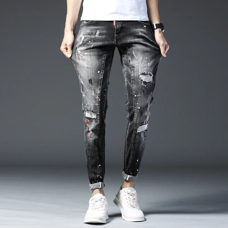 

New skinny jeans men ripped jeans for elastic paint slim pants men clothes hip hop streetwear Spring Autumn deep grey