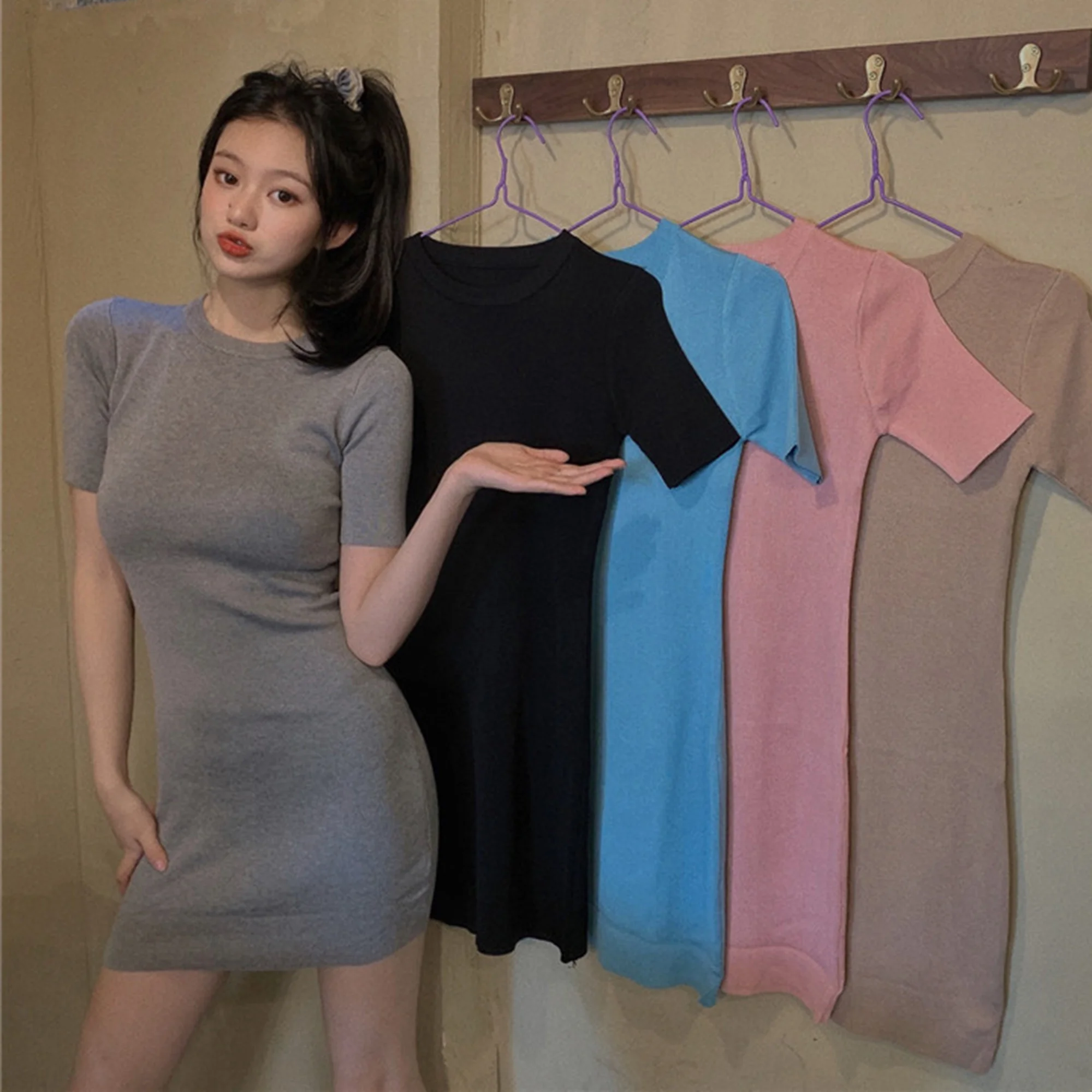 

Blue Bottoming Dress for Women 2021 Autumn and Winter New Korean Style Slim Fit Slimming Sheath Skirt Waist Trimming