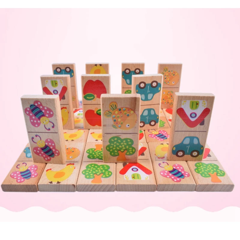 

28Pcs Baby Wooden ino Block Toys Cartoon Garden Animal Vehicle Fruit ino Blocks Toys Educational Matching Game