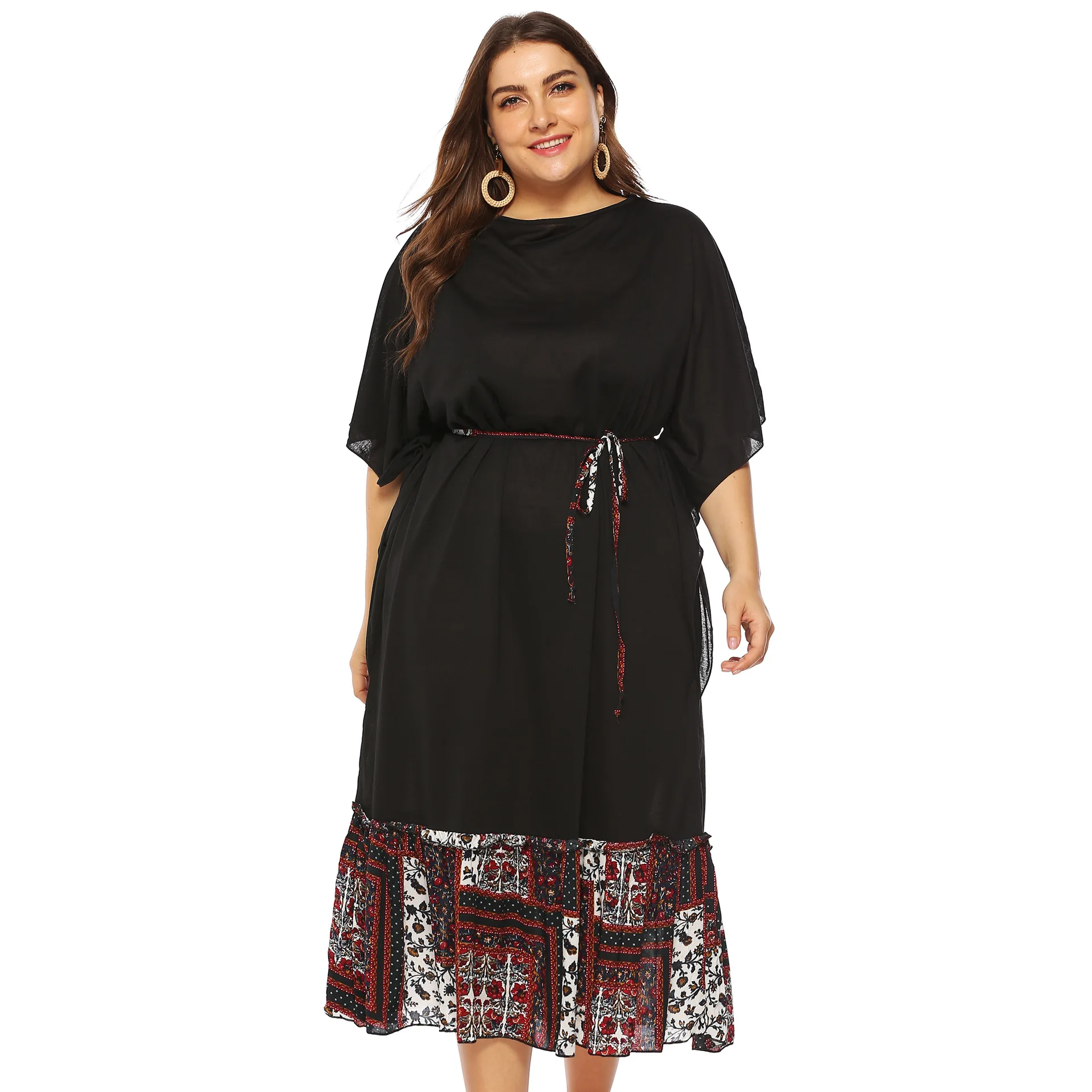 

Fashion Summer New Dress Round Neck Fashion Plus Size Women Batwing Sleeve Printed Long Dress Stitching Tied Dress Woman Summer