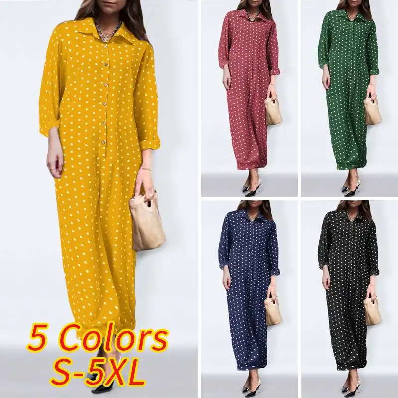 

Vintage Polka Dot Print Playsuits VONDA Lapel Rompers Casual Long Sleeve Button Jumpsuits Retro Stylish Pantalon Femme Plus Size