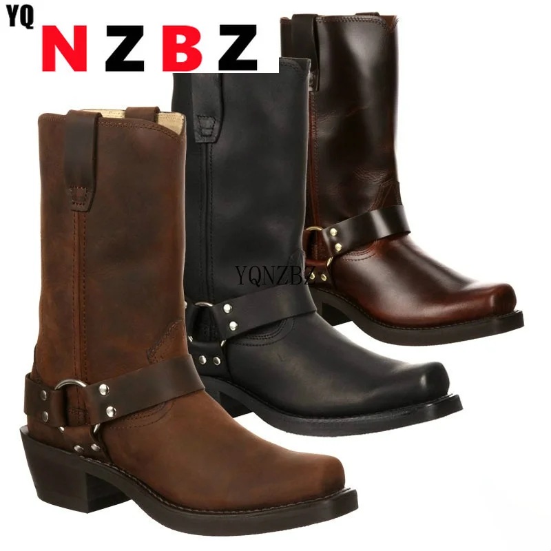 

Woman Knee High Boots Combat Vintage Leather Boots Rider Horse Boot Motorcycle Country Biker Boots Low-heel Bots
