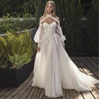 Свадебное платье невесты, из Мягкого Тюля в стиле бохо, с длинными пышными рукавами, цветочным кружевом, жемчугом, Пляжное платье с открытыми плечами, для свадебной вечеринки, 2021