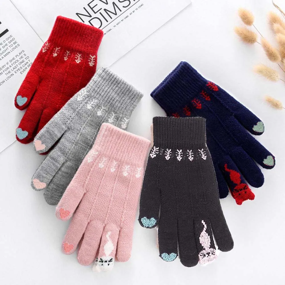 

Однотонные мягкие женские перчатки, варежки с изображением мультяшных котов, теплые зимние варежки для женщин, вязаные женские перчатки на ...