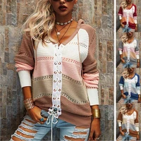 new winter casual women v neck cardigan lace sweater long sleeve warm contrasting color stitching ladies jacket coat female lady