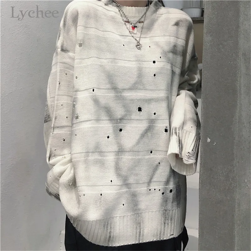 

Lychee Harajuku Women Knitted Sweaters Irregular Hole Casual Loose Female Pullovers Spring Lady Tops