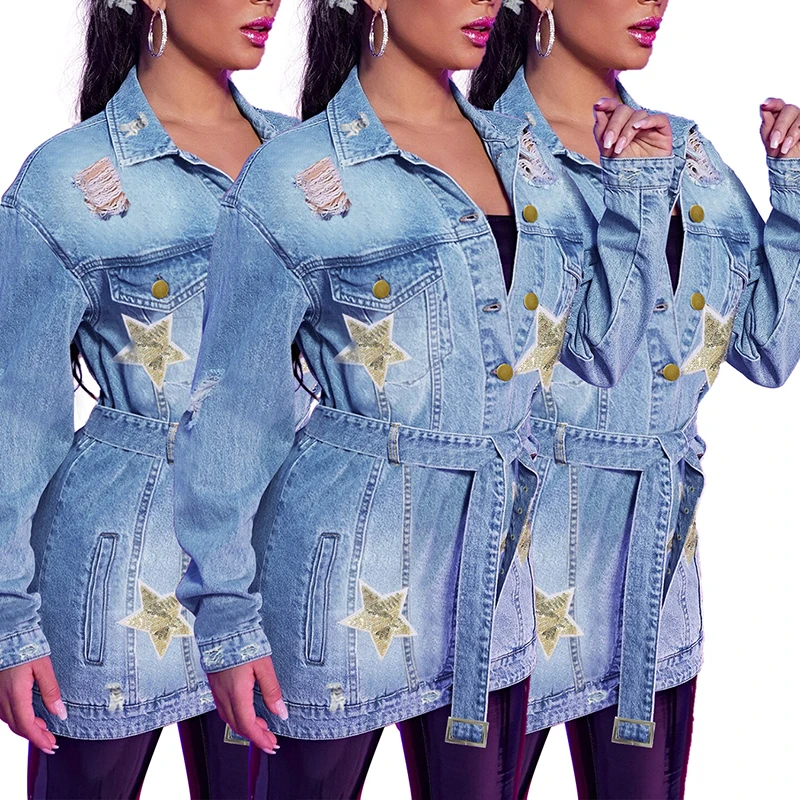 

Women Frayed Denim Jacket Light Blue Single Breasted Sequins Stars Hole Jean Jacket Vintage Sashes Coat Outwear Denim Feminine