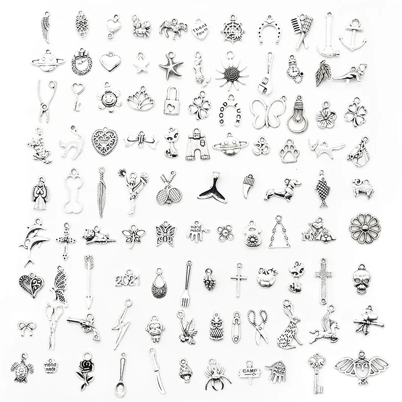

100pcs Silver Color Mixed Animal Leaf Key Crown Charms Alloy Metal Pendants For DIY Handmade Jewelry Accessaries Findings
