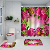 pink flower shower curtain with non slip rug mat bathroom curtains waterproof polyester bathroom curtain with hooks hot