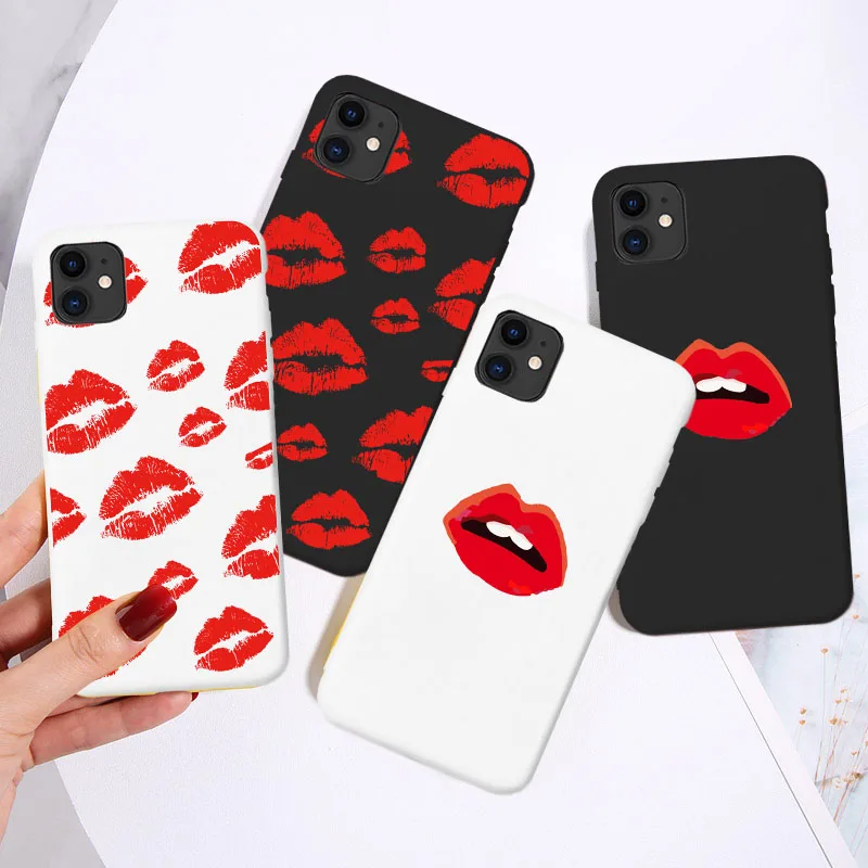 Black Sexy Girl red Lips Kiss TPU Soft Silicone Phone Case Cover for iPhone 8 7 6S Plus SE2020 XR X 12 13 11 pro XS MAX Coque