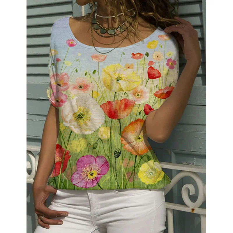 

Summer Casual Loose Round Neck Tops Floral Print Plus Size Blouse Short Sleeve Women's T-Shirt