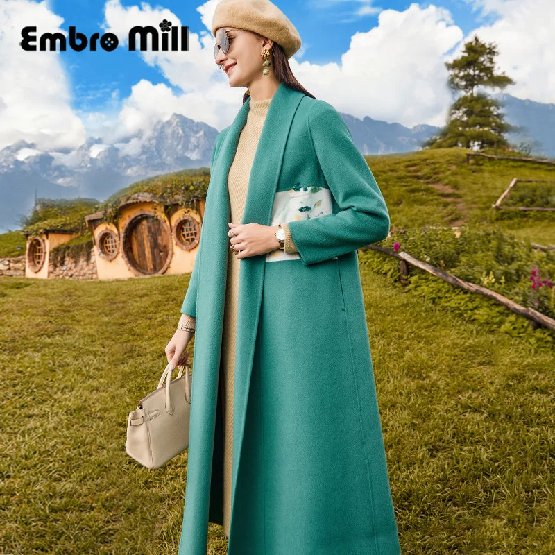 

Street Style Autumn And Winter New Women Mid-Length Print +Beading Stitching Wrist Sleeve Elegant Double-Sided Woolen Coat S-XL