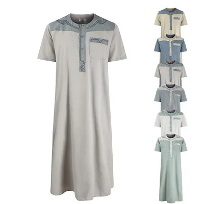 

Fashion Jubba Thobe Dubai Middle East Robes 2021 Men Muslim Islamic Kaftan Saudi Arabia Solid Color O Neck Short Sleeve