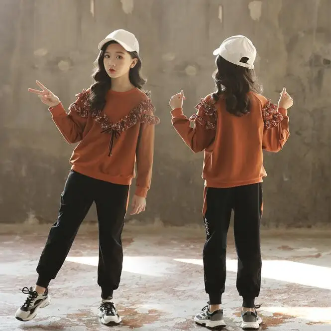 Комплекты осенней одежды для девочек топ с оборками и штаны девочек-подростков