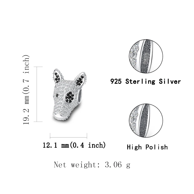 Бусина-Шарм Собака из серебра 100% пробы с прозрачным кубическим цирконием |