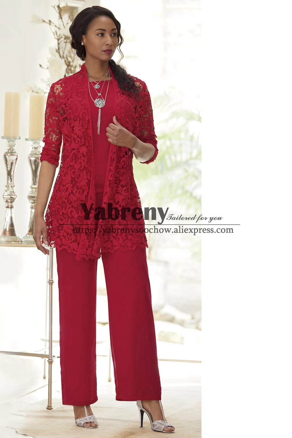 

Red Lace Mother of the bride pant suit dress 3-PC Elastic waist Trouser set