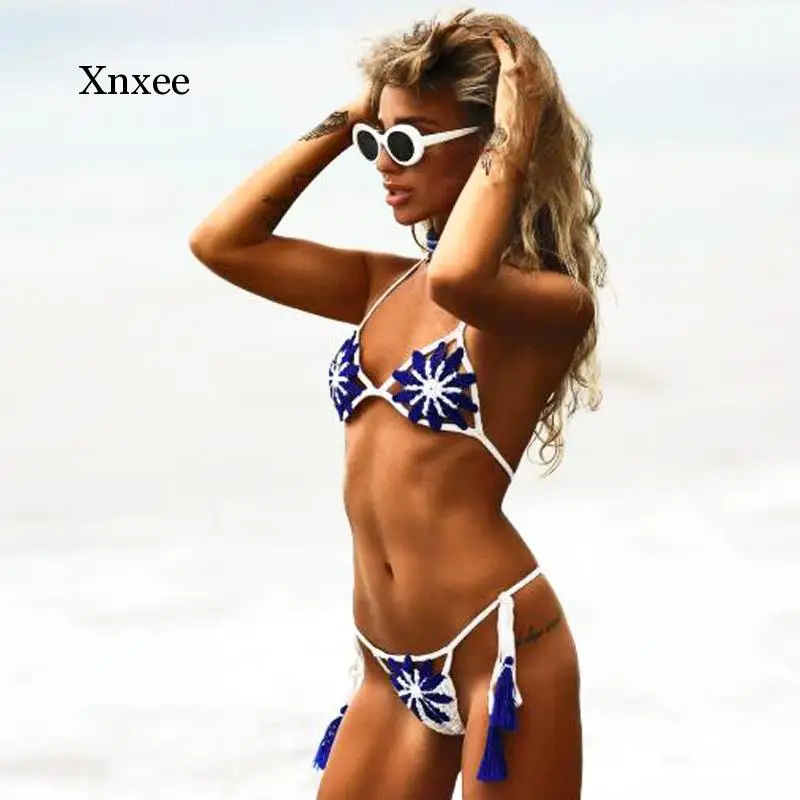 

Bohemia Women Sexy Daisy Contrast Hollow Bundled Mini Knitting Bikini Set Beach Split Crochet Flower Backless Bras Swimsuit