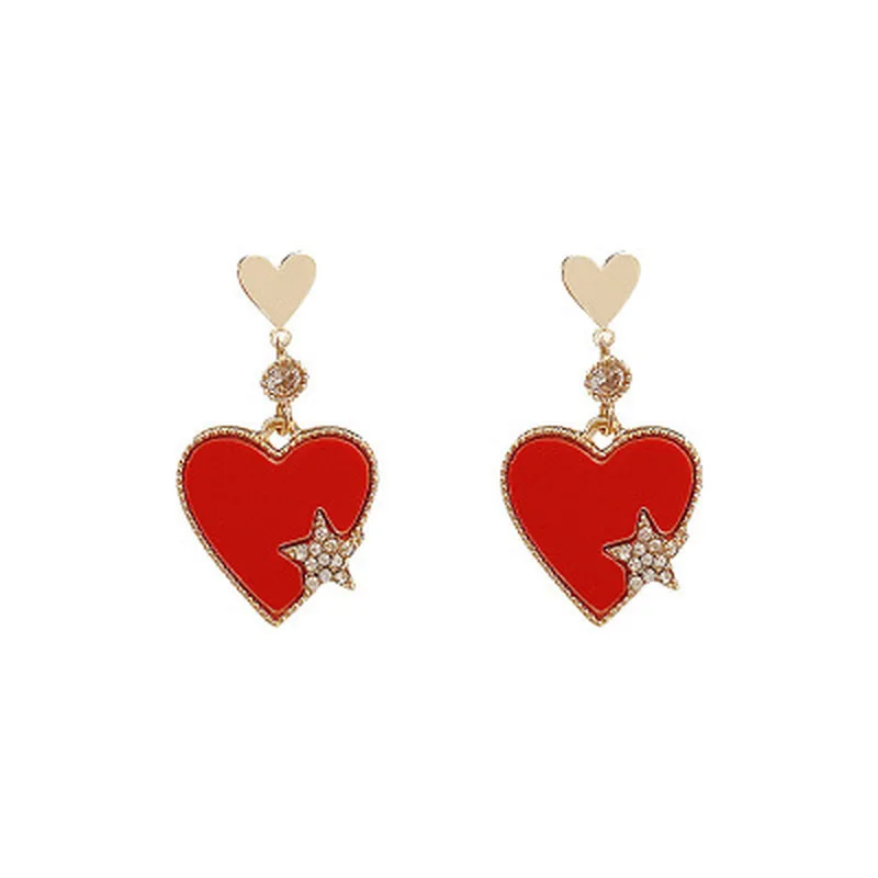 

Origin Summer Romantic Red Love Heart Rhinestone Star Dangle Earrings for Women Temperament Engagement Gifts Jewellery