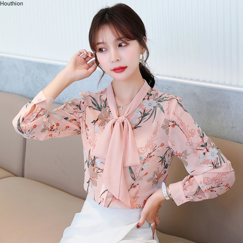 

Houthion New Long-sleeved Blouse V-neck Shirt Printing Bow Casual Fashion Tops Summer Plus Size Chiffon Lady Blusas
