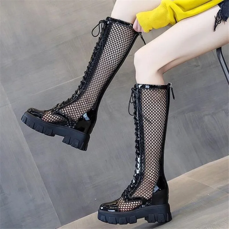 

2021 Summer Women Cool Boot Fashion Lace up Solid Color Internal increase Over the knee Boot Round Toe Women Hollow Out Shoe