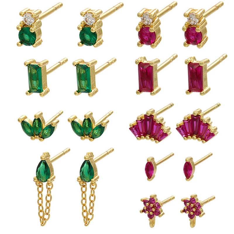 

QMHJE Bear Stud Earrings for Women Leaf Chain Drop Rectangle Small Gold Color Crystal Jewelry Mini Arete Luxury Green Red Stone