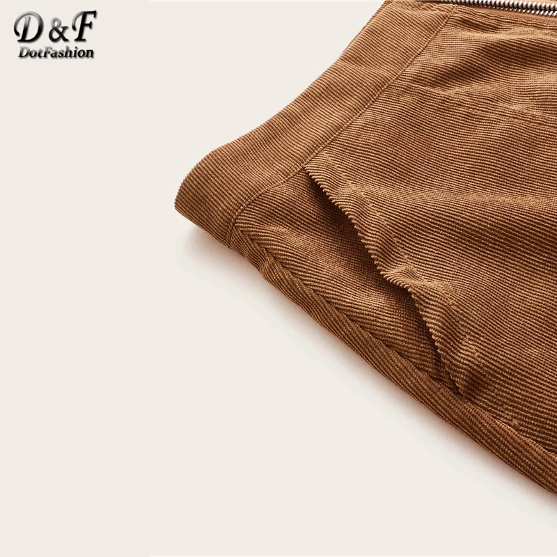Dotfashion, повседневная Вельветовая прямая женская юбка с О-образным кольцом на молнии спереди, осень, юбки с карманами, Женская плотная мини-юбка